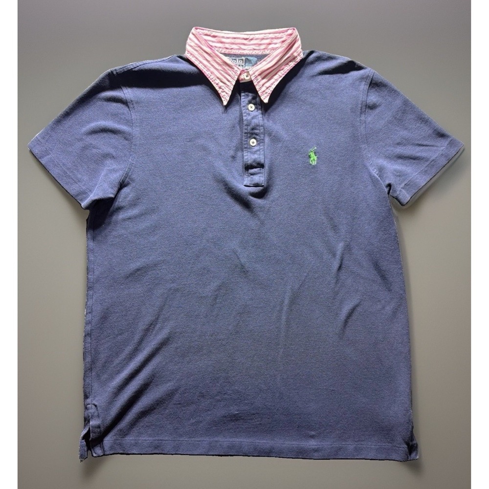 Polo Ralph Lauren Golf Polo. Blue, Green Pony w/White & Pink Collar Lrg Preppy.